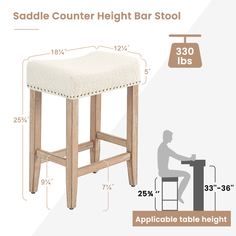 Backless Saddle Upholstered 26" Counter Stool with Wood Frame, White, Beige