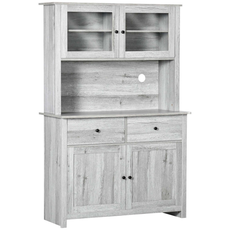 63.5 Inch Kitchen Buffet with Hutch, Pantry Storage Cabinet with 4 Shelves, Drawers, Framed Glass Doors, and Open Microwave Countertop