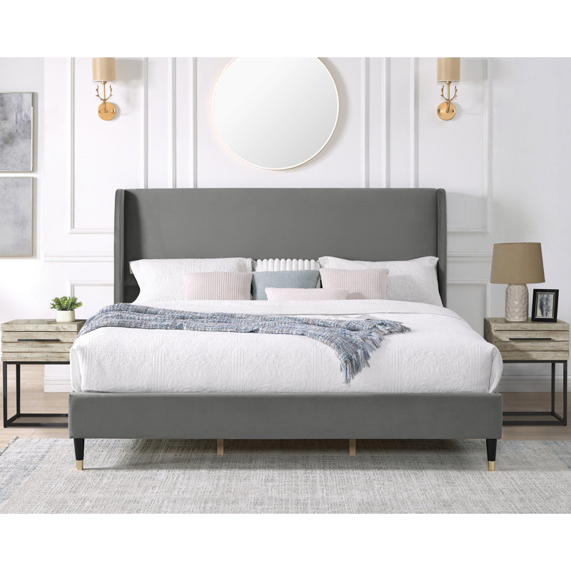 Très grand lit en velours gris - à oreilles pour un sommeil confortable et élégant, Gris, Très grand lit