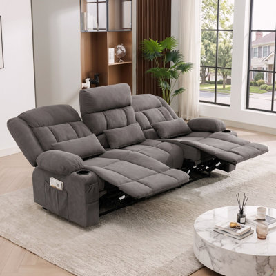 Canapé inclinable gris de 84 pouces à 3 places avec deux fauteuils inclinables manuels et porte-gobelets