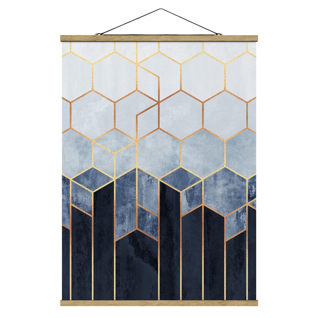 Grafikdruck Golden Hexagons Blue White von Elisabeth Fredriksson