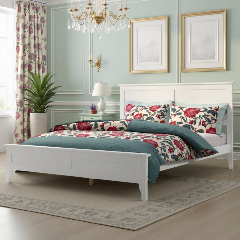 Wooden Platform Bed Frame with Headboard, Solid Pine Construction, White, King