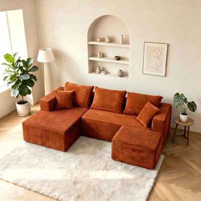 Canapé modulaire en velours côtelé de 92,4 po avec canapé en os, canapé modulaire en U avec méridienne et 1 repose-pieds, sans assemblage