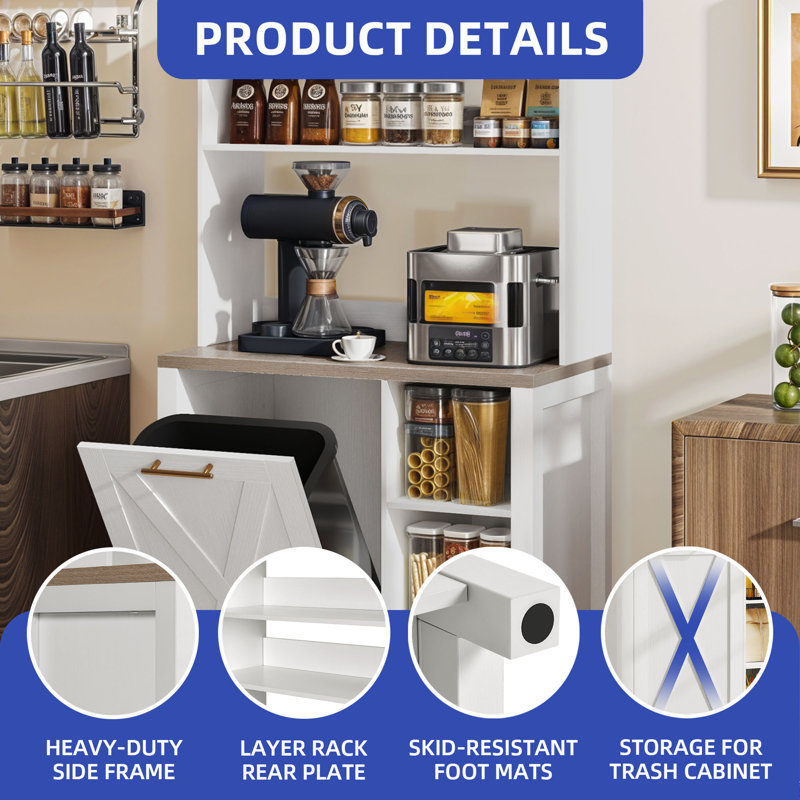 Baker's Rack with Trash Can Bin Cabinet and Charge Station, White