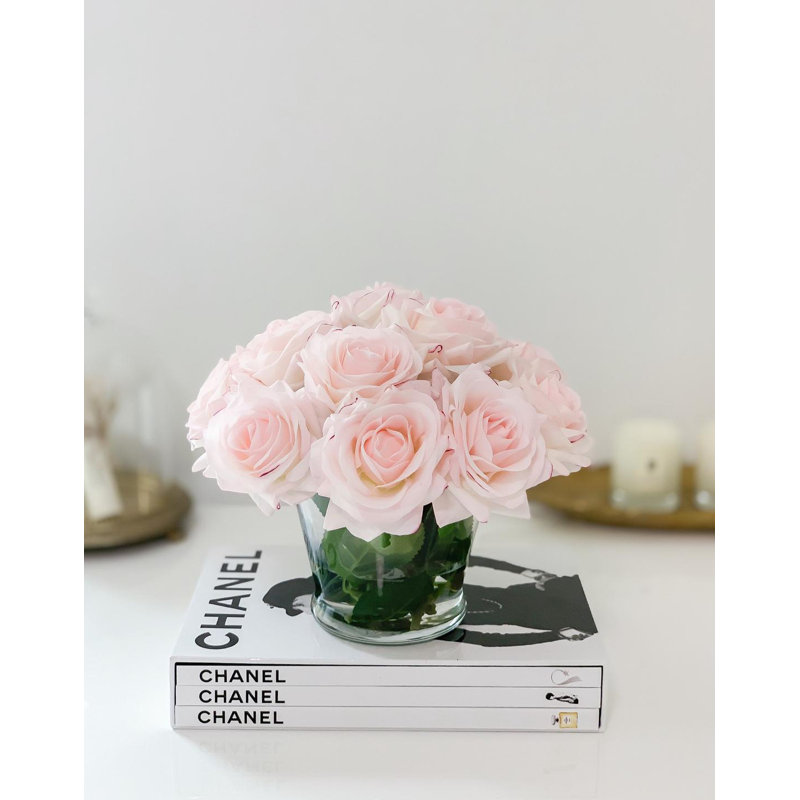 Real Touch Rose Arrangement In Round Glass Vase, Pink/White