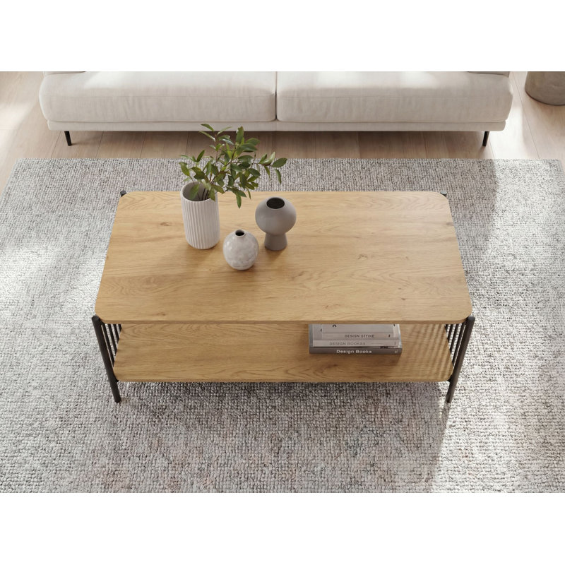 Rectangular Oak-Effect Coffee Table with Storage Shelf and Black Metal Frame, Brown / Black, Brown