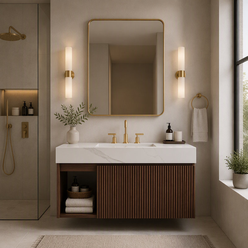 Meuble-lavabo mural de 91 cm (36 po) avec lavabo intégré, armoire cannelée et éclairage à détecteur de mouvement, 36" W
