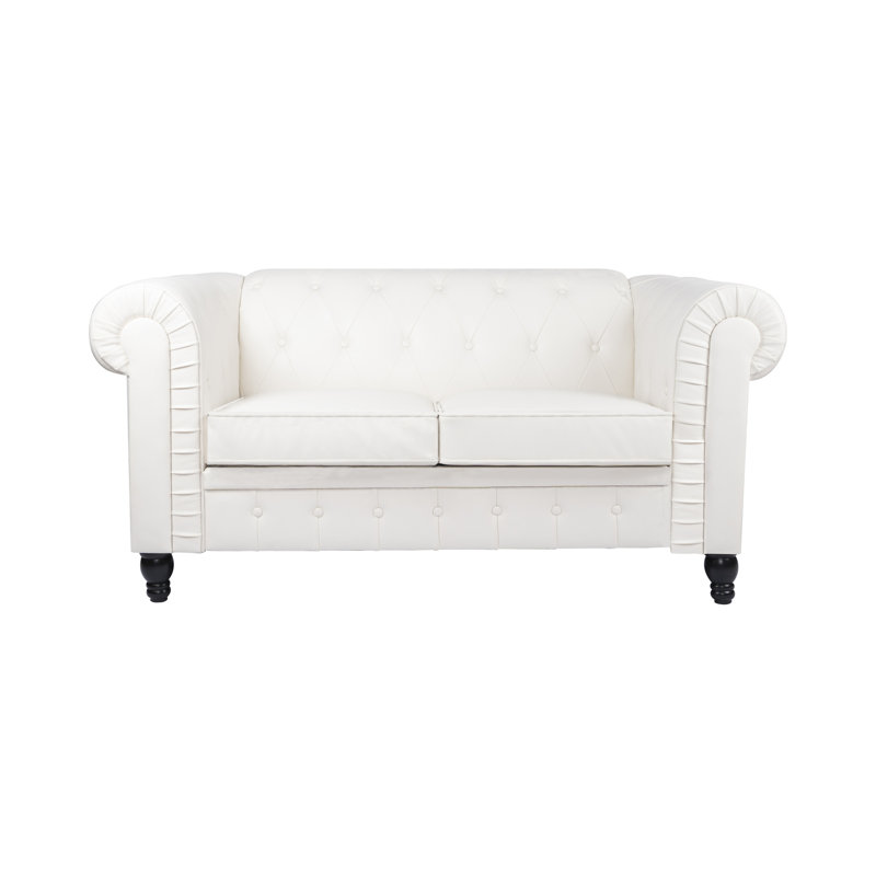 Causeuse en cuir Mythili Chesterfield, causeuse à accoudoirs roulés, canapé avec pieds en bois, Blanc