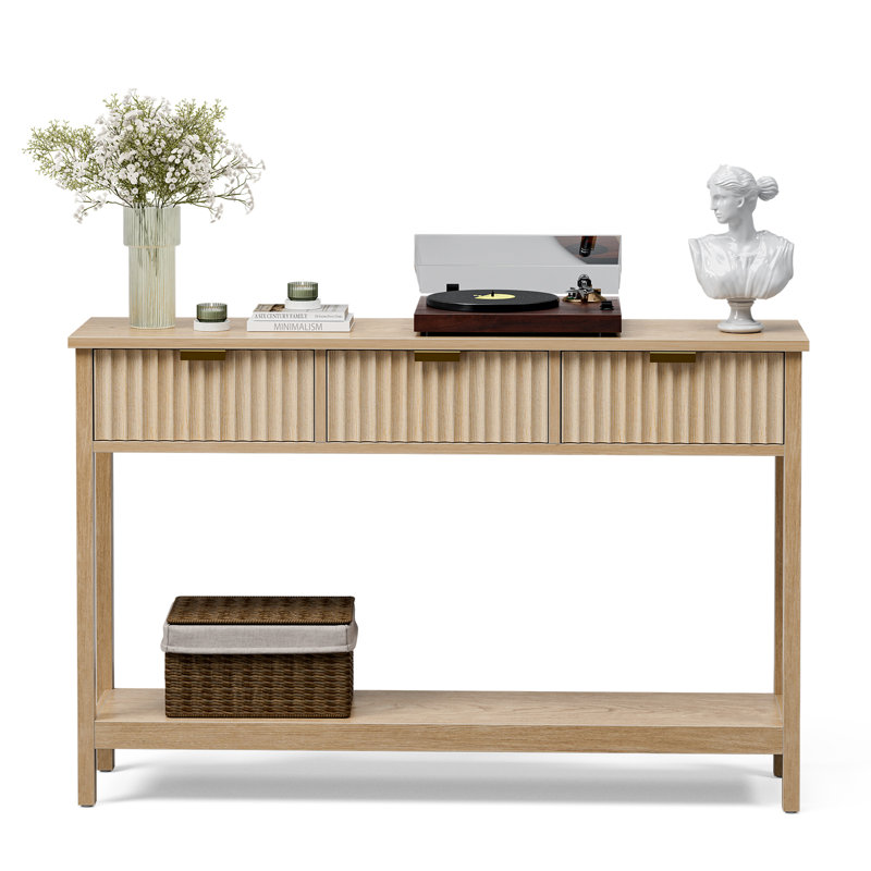 Natural Oak Console Table with Fluted Drawers and Shelf