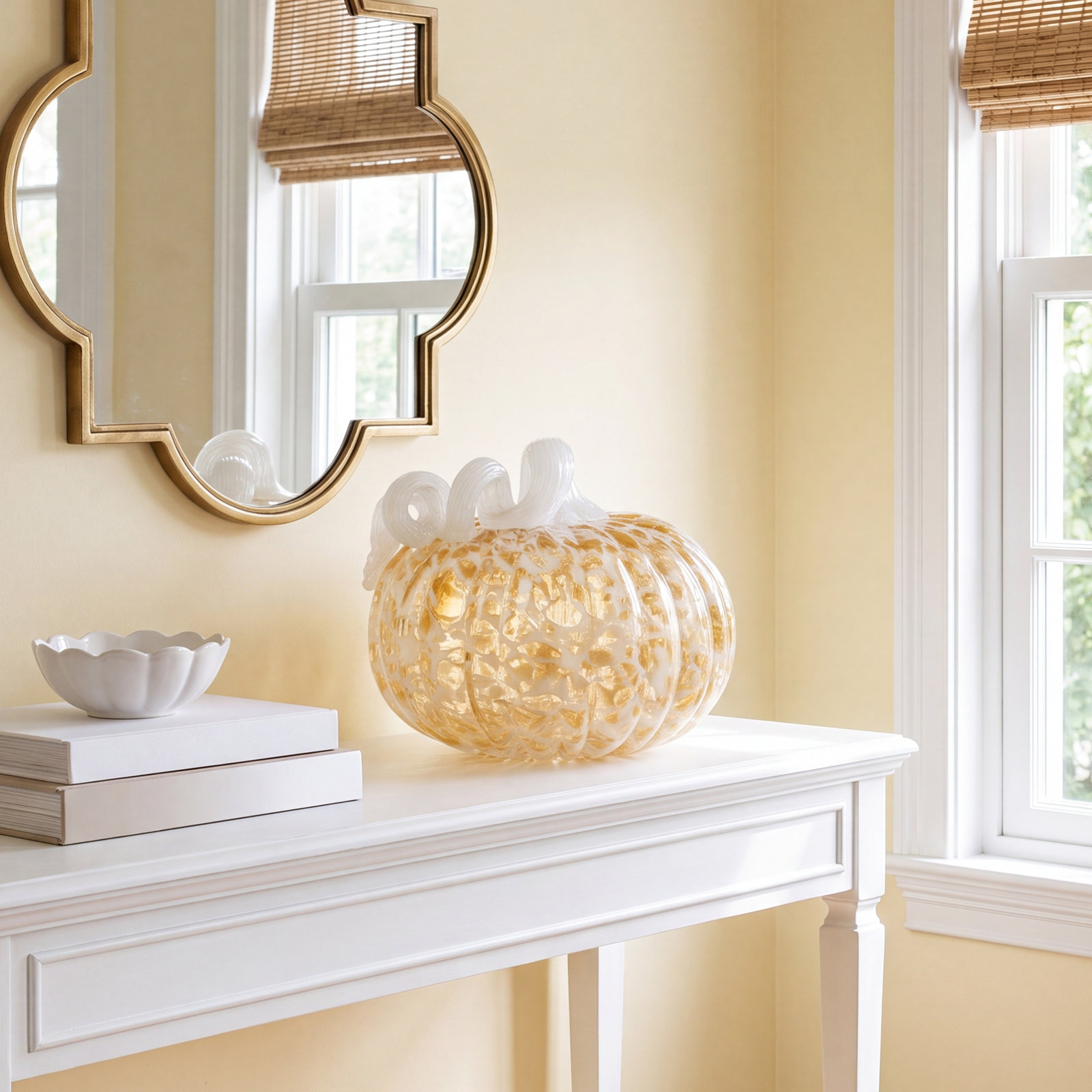 Round Glass Fall Pumpkin Holiday Accent, Gold