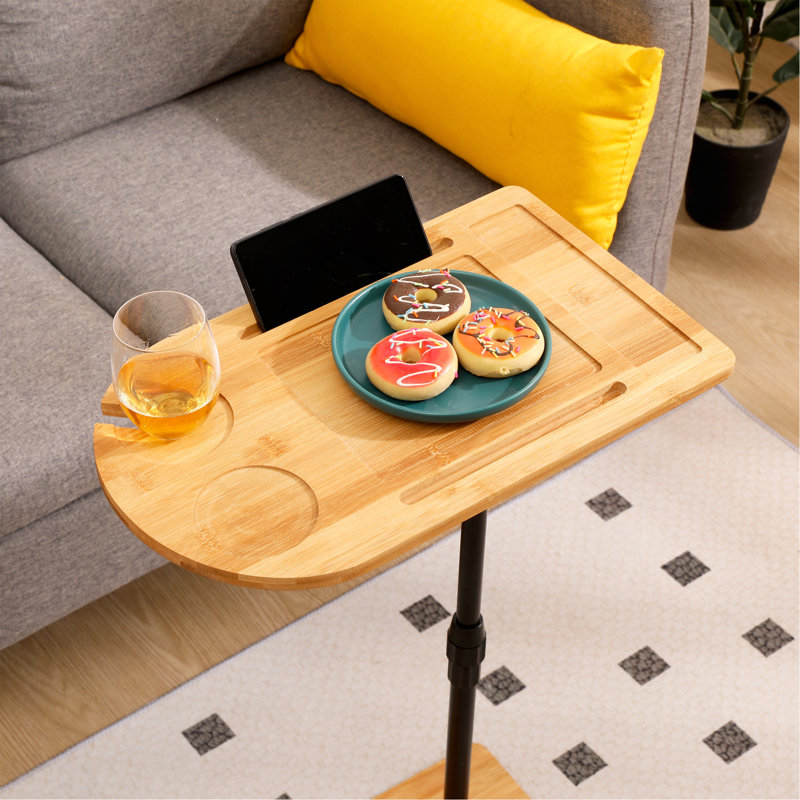 Couch Tray Table Bamboo Height Adjustable Side Table For Sofa C-Shaped Oval End Tables With Slots For Bed & Chairs In Living Room & Bedroom