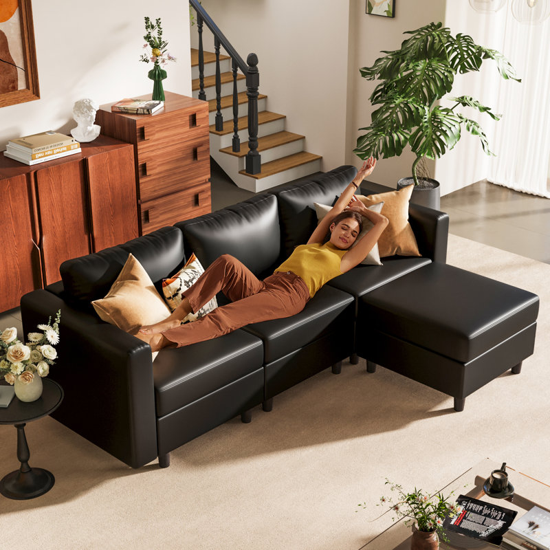 Canapé modulaire réversible en L de 91,5 po avec siège de rangement Caynemore, Similicuir noir