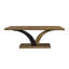 Table à piédestal en placage d'eucalyptus, base sculpturale à double arc, bords arrondis sur plateau rectangulaire, couleur beige, bois massif, 213 cm de profondeur, 112 cm de largeur, 76 cm de hauteur, 107 kg (plateau et bords inclus).