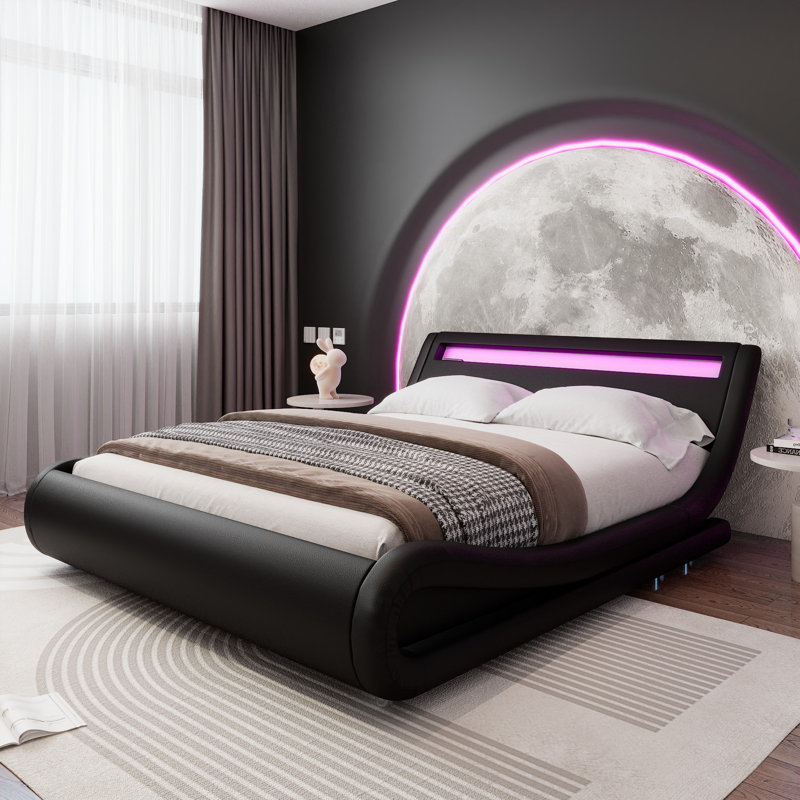 LED Platform Bed Frame With Adjustable Headboard, Black, Queen