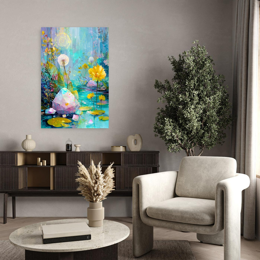 Magical Crystal Pond Colorful Ethereal Mystical Dandelion Lily Forest Landscape Wall Art Print