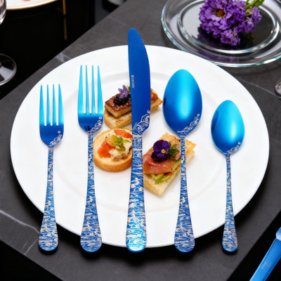 Service de couverts en acier inoxydable 20 pièces pour 4 personnes, ustensiles de cuisine gravés au laser Blue Wave, allant au lave-vaisselle pour la maison et le mariage