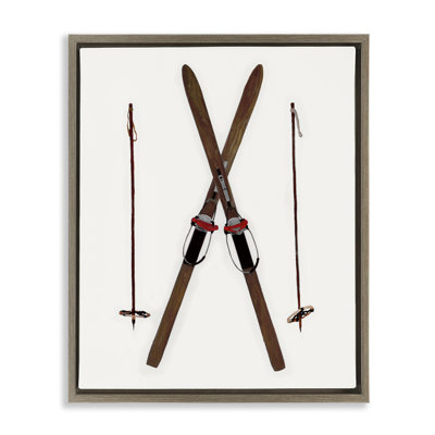 Minimal Winter Skis Brown Framed Floater Canvas Wall Art by Charity Henderson