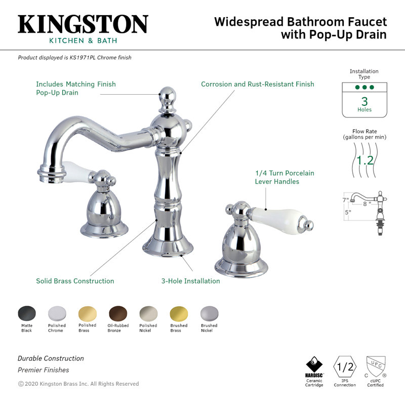 Kingston Brass Heritage Two-Handle 3-Hole Deck Mount Widespread Bathroom Faucet with Brass Pop-Up Drain, Matte Black