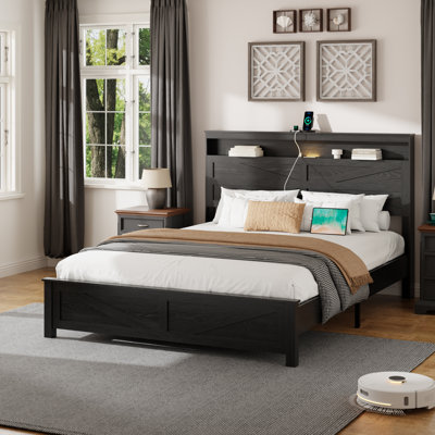 Cadre de lit grand en bois avec tête de lit avec rangement, cadre de lit plateforme avec lumières DEL et station de charge, noir 