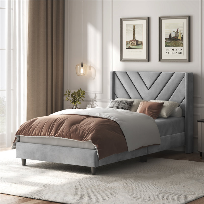Permelia Upholstered Bed Tufted Headboard with Wing Side, Light Gray, Twin