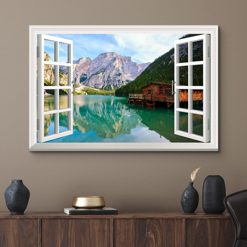 «Window View Landscape Cabin On Mountain Lake Nature Wilderness», reproduction sur toile, H 24 po x l 36 po x P 1,5 po