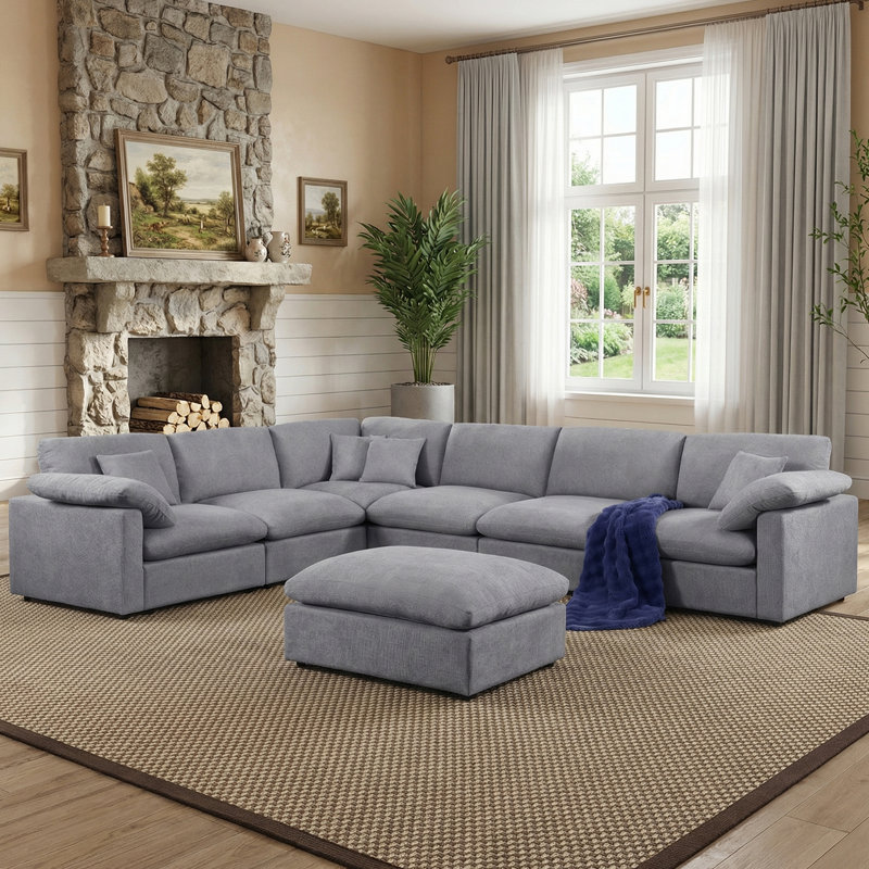 7 Piece 144" Chenille Sectional Sofa Oversized Modular Reversible Deep Seat Cloud Couch With Corner & Removable Ottoman