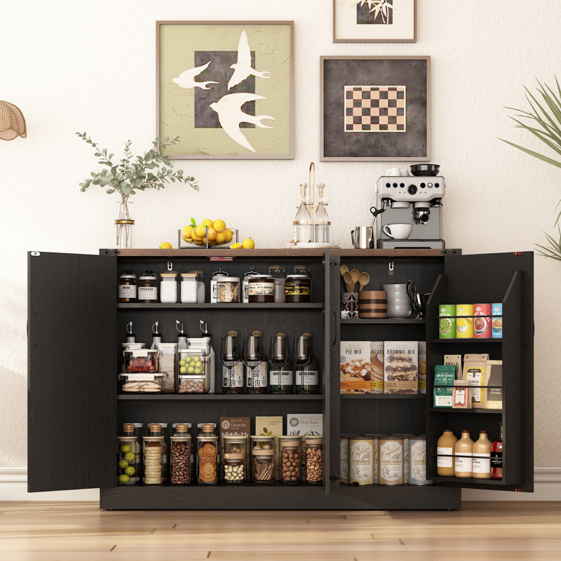 Farmhouse Buffet Sideboard Cabinet With Barn Doors, 47.2" Kitchen Storage Cabinet With Adjustable Shelves, Black