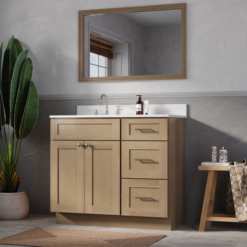 Meuble-lavabo simple 40 po avec plateau en quartz Disar, Gauche, Chêne naturel