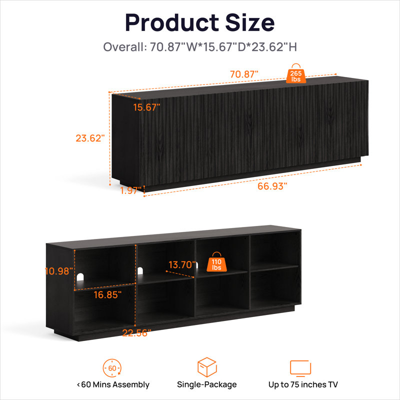 Ridged Doors Media Console, Black