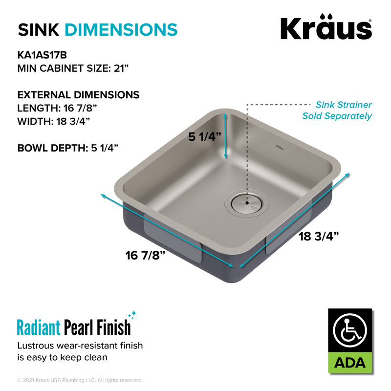Dex™️ Series KRAUS 17" L Undermount 16 Gauge Stainless Steel Single Bowl ADA Kitchen Sink