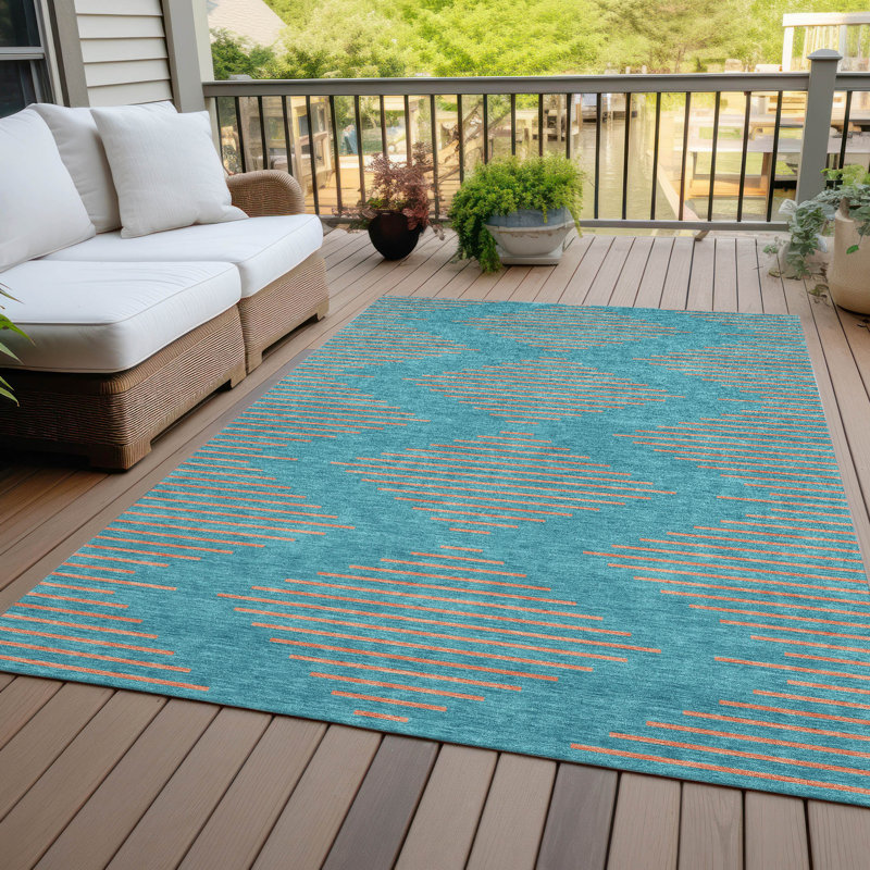Teal Geometric Diamond Pattern Washable Synthetic Area Rug 9' x 12'
