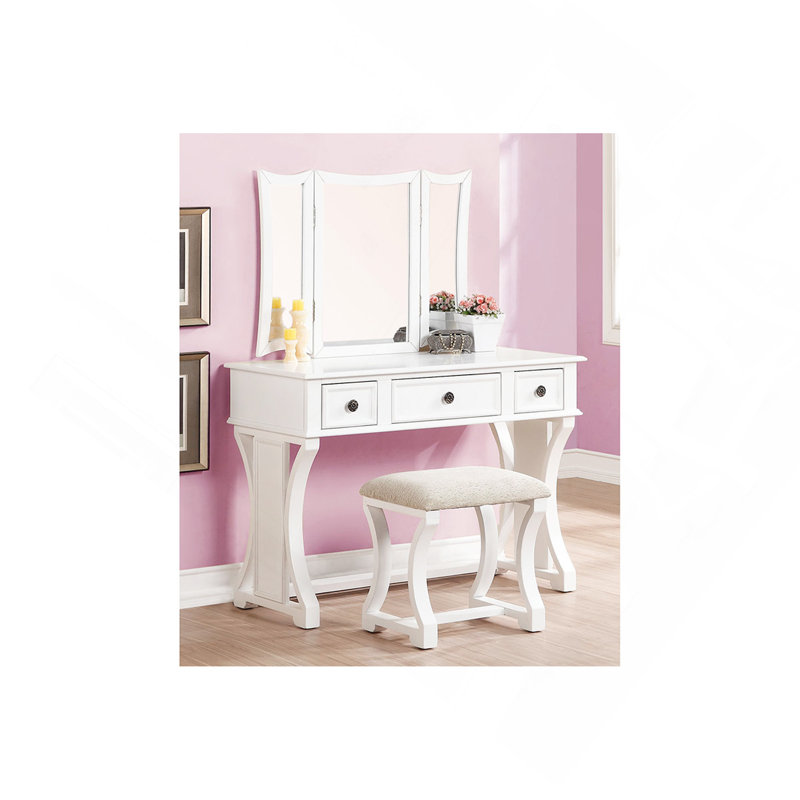Ensemble de meuble-lavabo unique moderne avec tabouret et tiroirs à miroir pliables avec placage en panneau de fibres à densité moyenne de couleur blanche