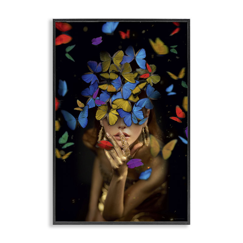 Art giclée sur papillon par une femme par Reinders, H 18 po x l 12 po, Giclée encadrée noir minuit