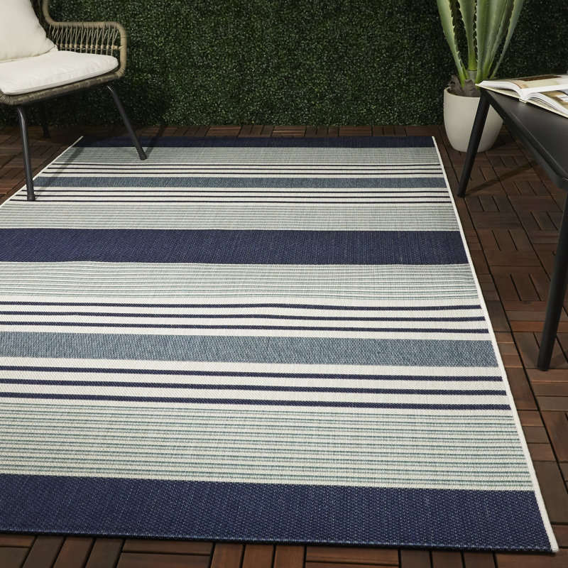 Filey Striped Flatweave Navy Blue/Ivory Indoor/Outdoor Area Rug, Rectangle 7 pi 10 po x 10 pi