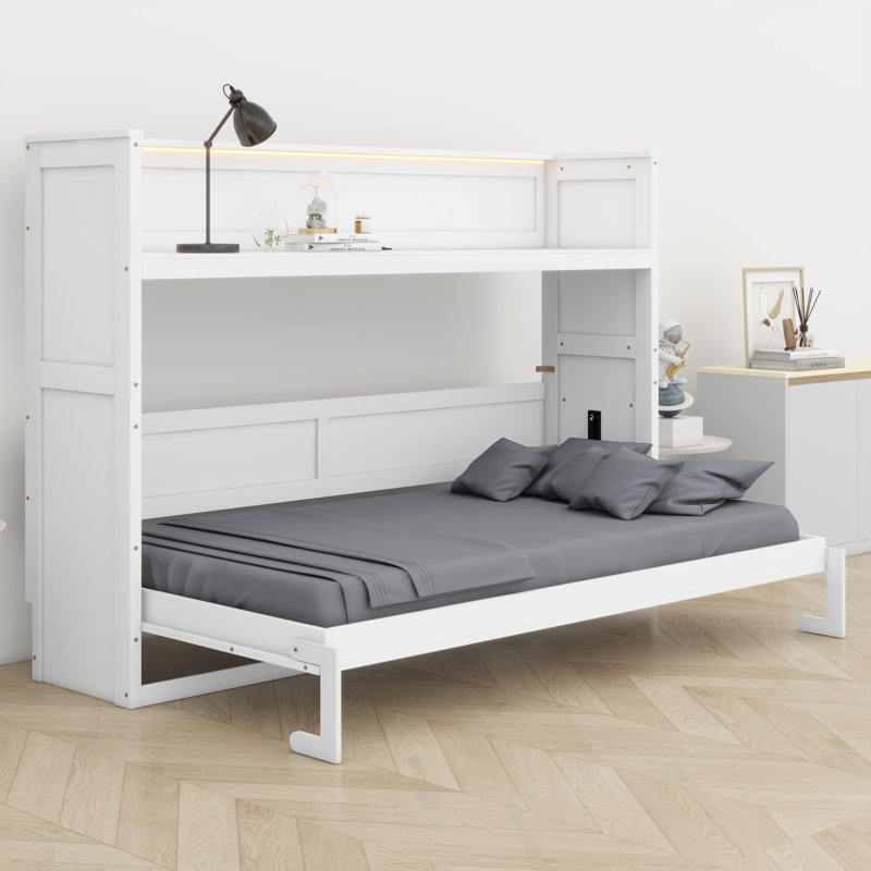 Lit escamotable simple avec bureau intégré, lumière DEL, station de charge USB, Blanc