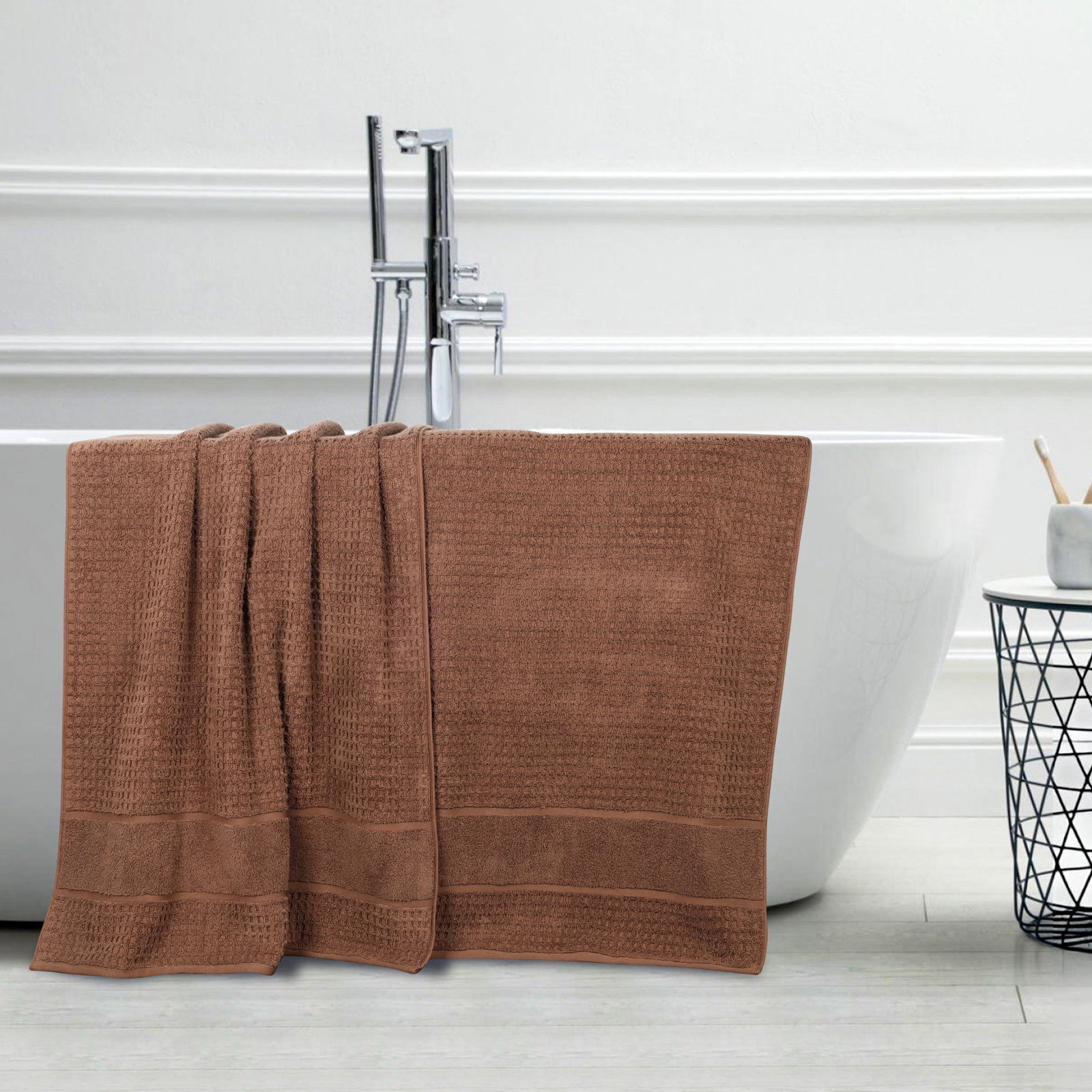 Hiyabel Zero Twist 100% Cotton Waffle Honeycomb Bath Sheet Set, Chocolate