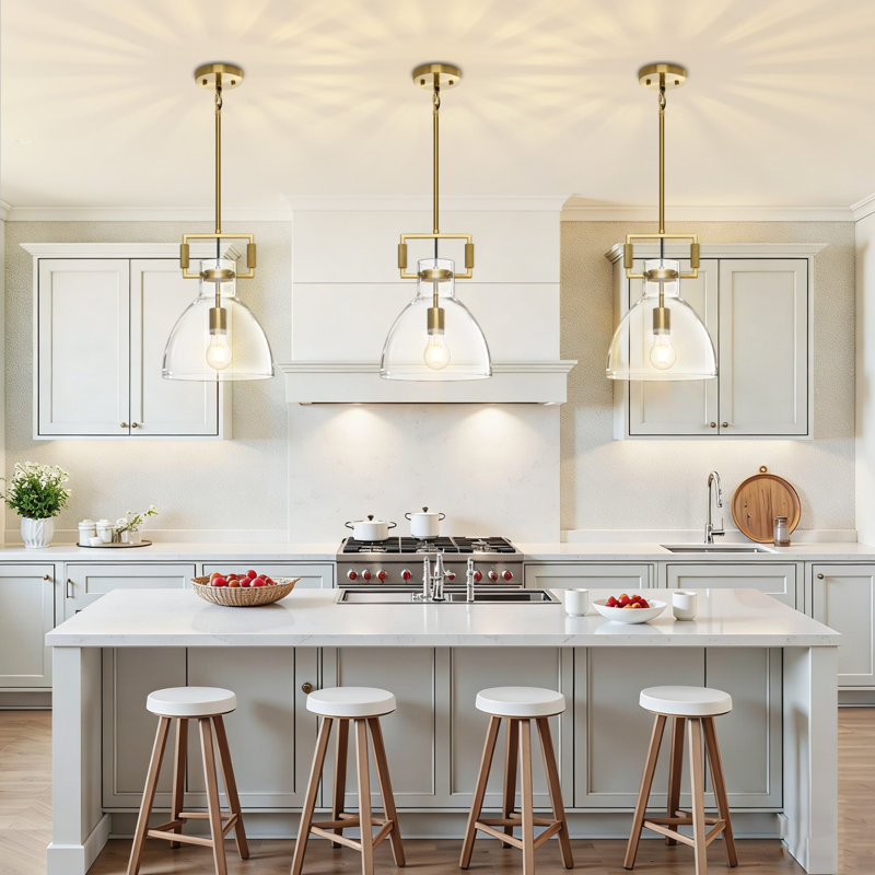 1-light Gold Funnel Shape Glass Pendant Light – Modern Geometric Frame, Adjustable Height For Kitchen & Living Room