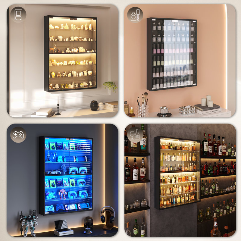 6-tier Wall Display Case With Glass Doors, Led Display Cabinet With Adjustable Glass Shelves, Display Case For Collectibles, Black
