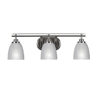 Odyssey 3 Light Bath Bar Shown In Brushed Nickel Finish With 5" Clear Ribbed Glass
