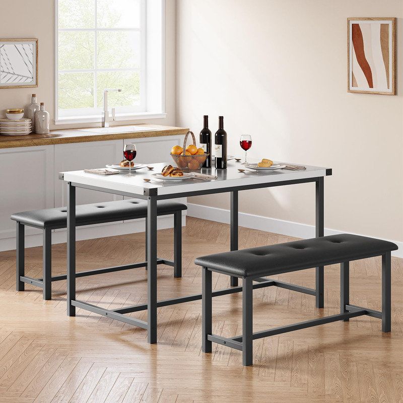 Modern 4-Person Dining Table Set with 2 Padded Benches, Rectangular Kitchen Table for Small Spaces, Apartment-Friendly Dining Set
