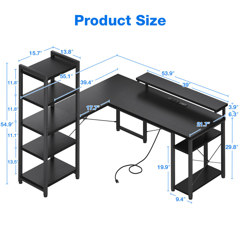 Amberann Adjustable L-Shaped Metal Base Computer Desk with Power Outlet