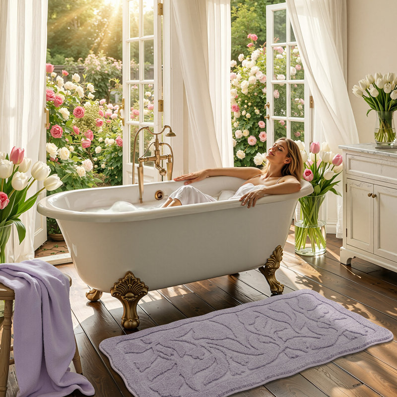 3D Floral Bath Rug, Soft Polyester Microfiber, Non-Slip & Washable, 24" x 36", Mauve Purple