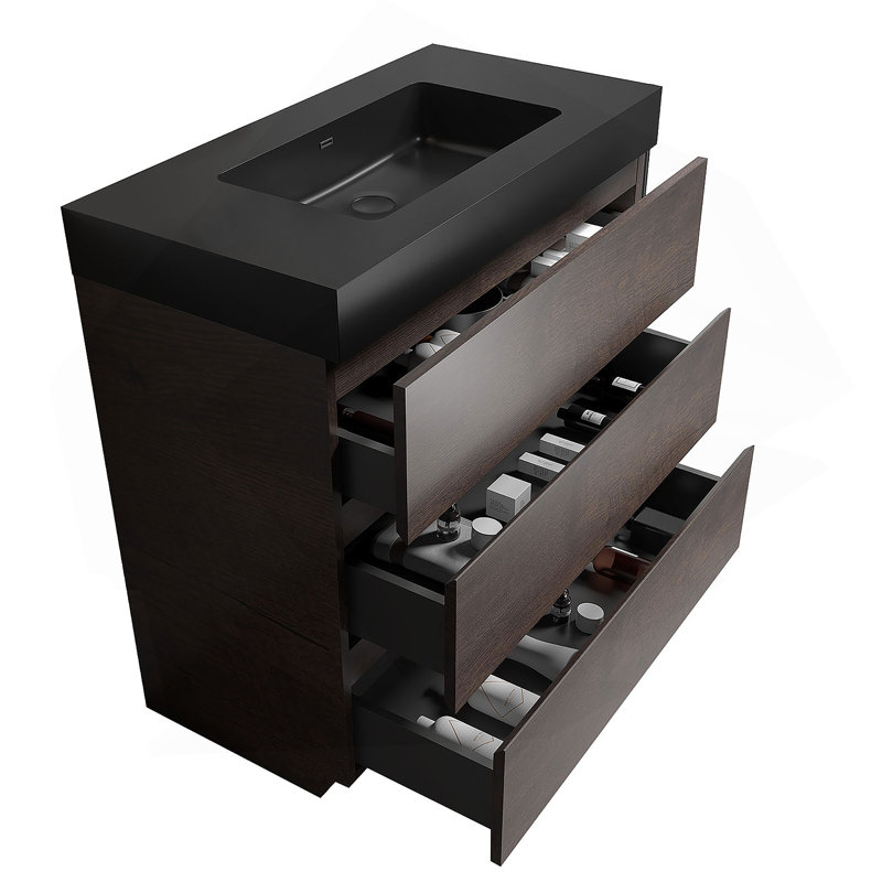 Meuble-lavabo autoportant avec grand lavabo et rangement, Noyer, 36", Noir