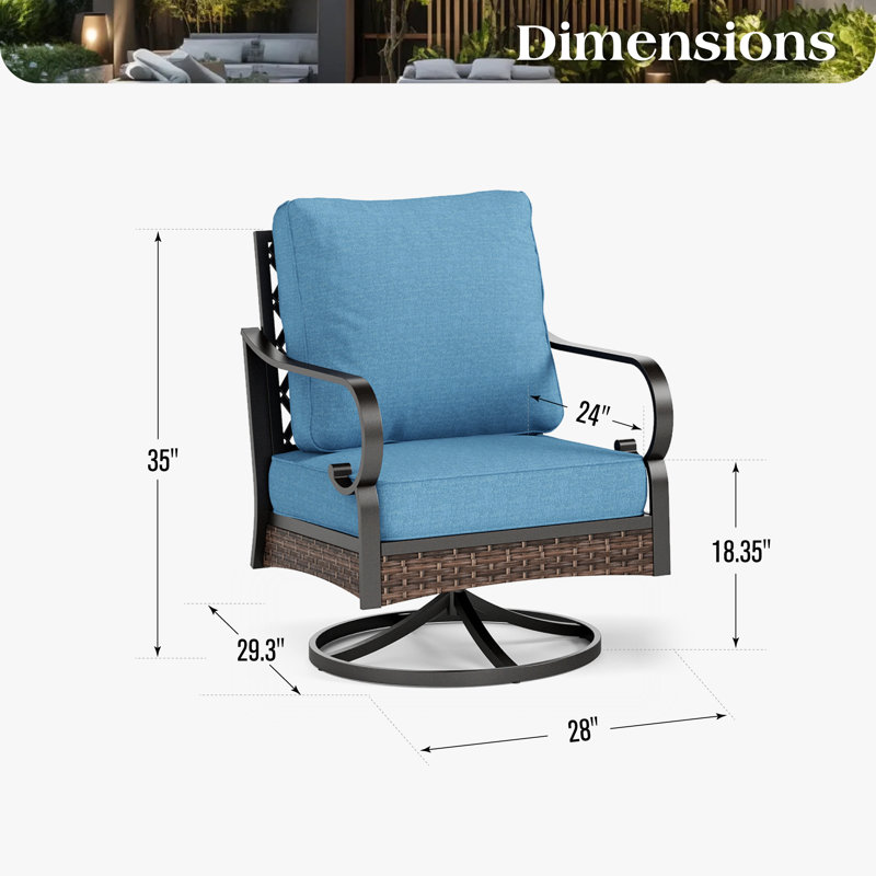 Swivel Outdoor Patio Lounge Chair, Denim Blue Cusion/Black Frame