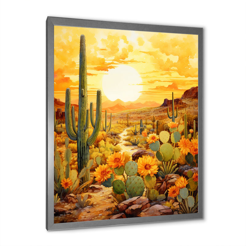 Cactus Golden Garden, reproduction d'art sur toile, 20" H x 12" W, Cadre photo argenté