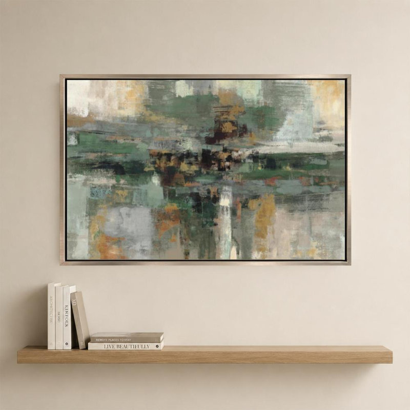 «Morning Fjord Rifle Green» par Silvia Vassileva - impression sur toile, 24" H x 36" W, Flat Floating Frame, Champagne