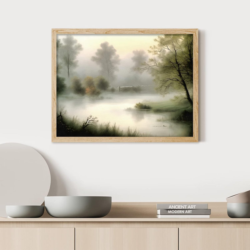«Misty Foggy Forest Autumn Pond», impression d'art mural paysage naturel pour chambre à coucher, impression sur papier