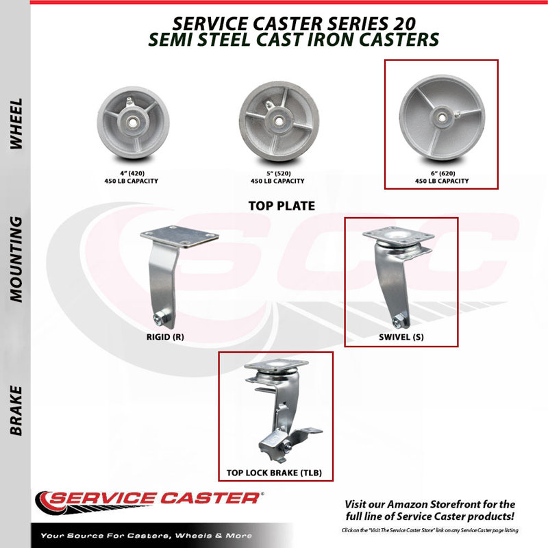 6 Inch Semi Steel Cast Iron Swivel Caster Set with Roller Bearings and Brakes