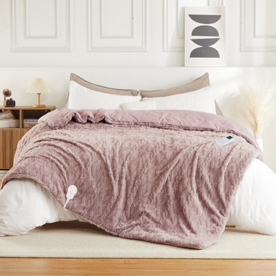 Oversized King Electric Heated Blanket, 90x90 Inches, Soft Sherpa, Dual Heating Zones, 6 Heat Levels, Wireless Controller, Timer, Overheat Protection - Pink, 90x90 inches