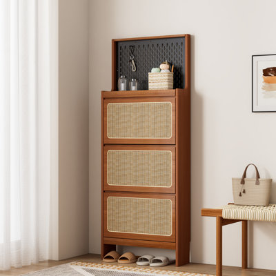 Rattan Shoe Cabinet For Entryway, Free Standing Shoe Rack With 3 Flip Drawers & Pegboard, Hidden Narrow Shoe Cabinet For Entrance Hallway, 24.88"W X 7.88" D X 65"H